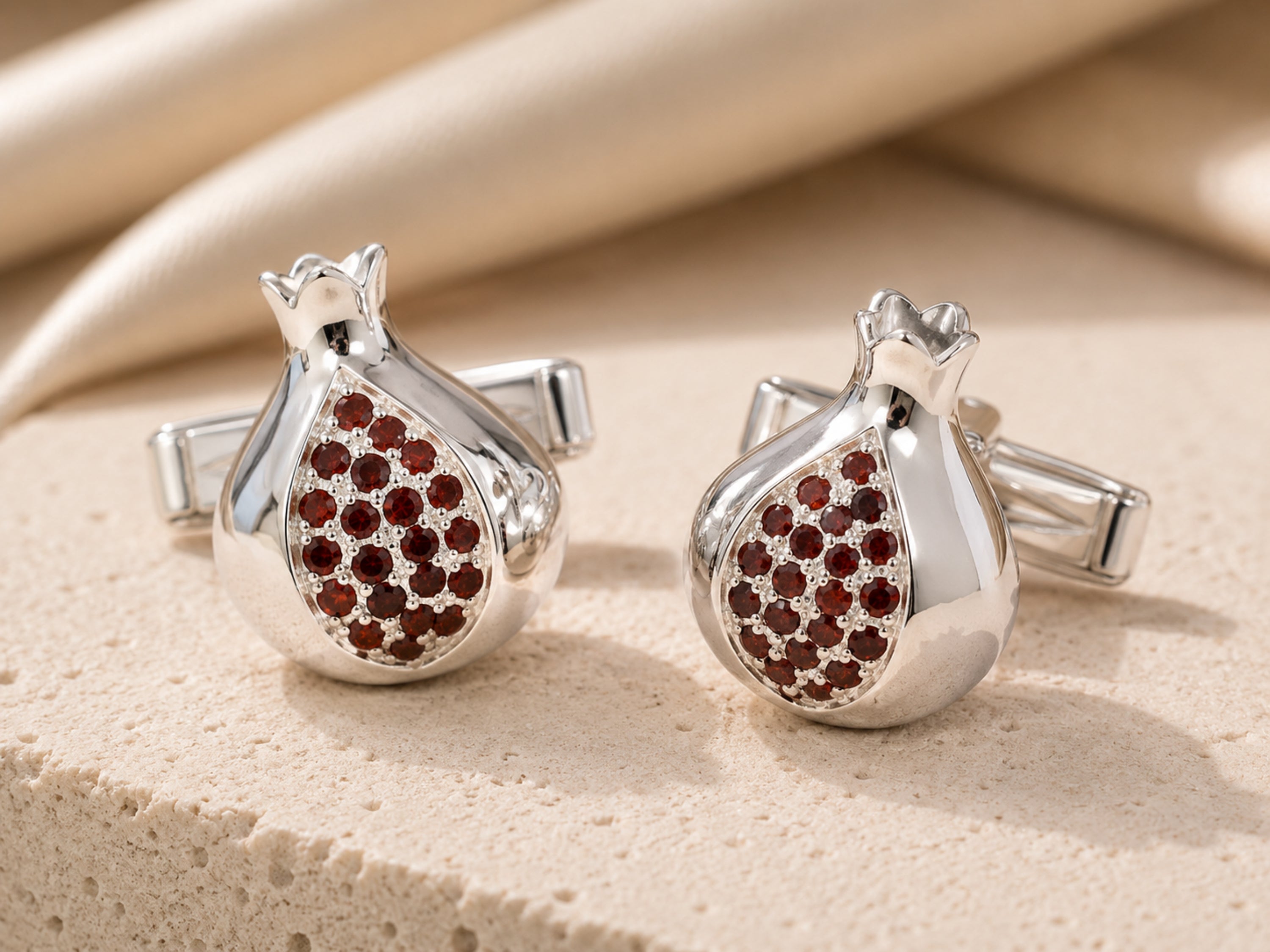 Sterling Silver and Garnets Pomegranate Cufflinks