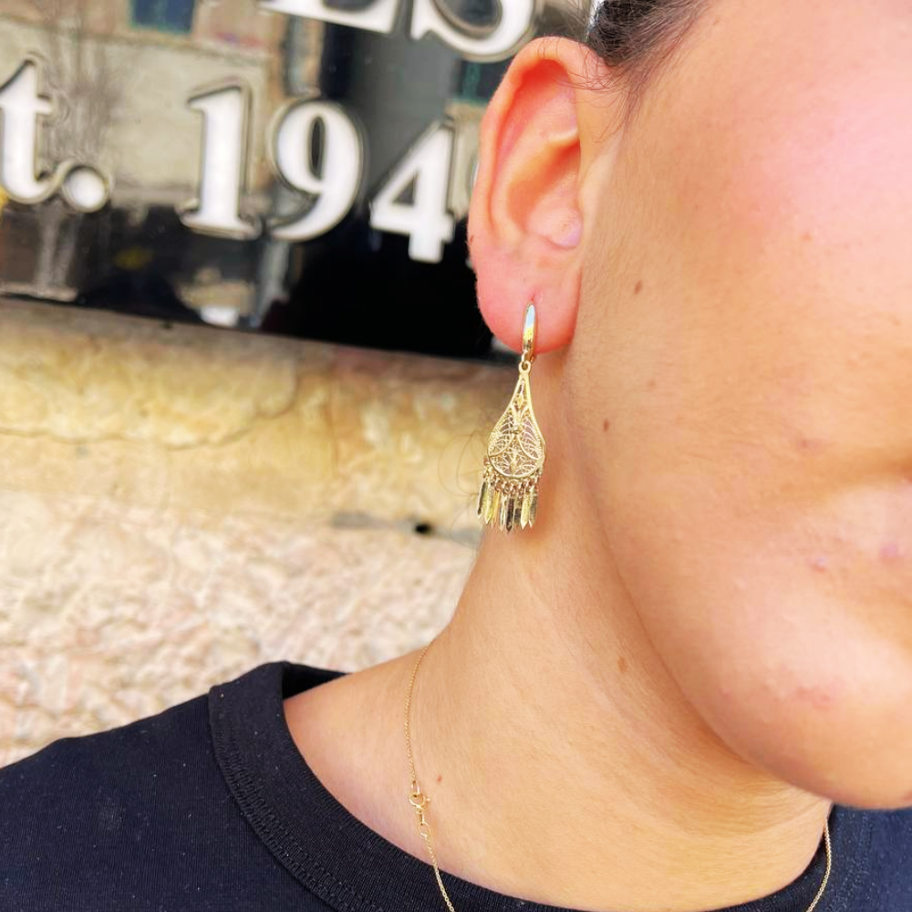 14K Gold Teardrop Fringe Filigree Earrings