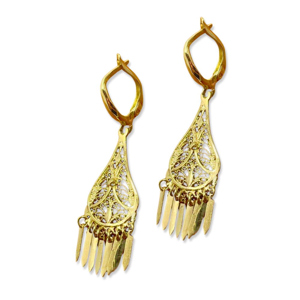 14K Gold Teardrop Fringe Filigree Earrings