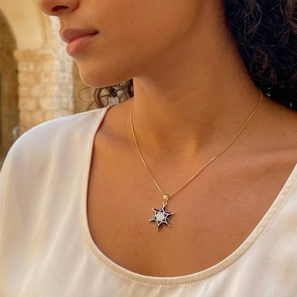 Star of David Pendant - 14K Gold Blue Enamel Diamond Embedded