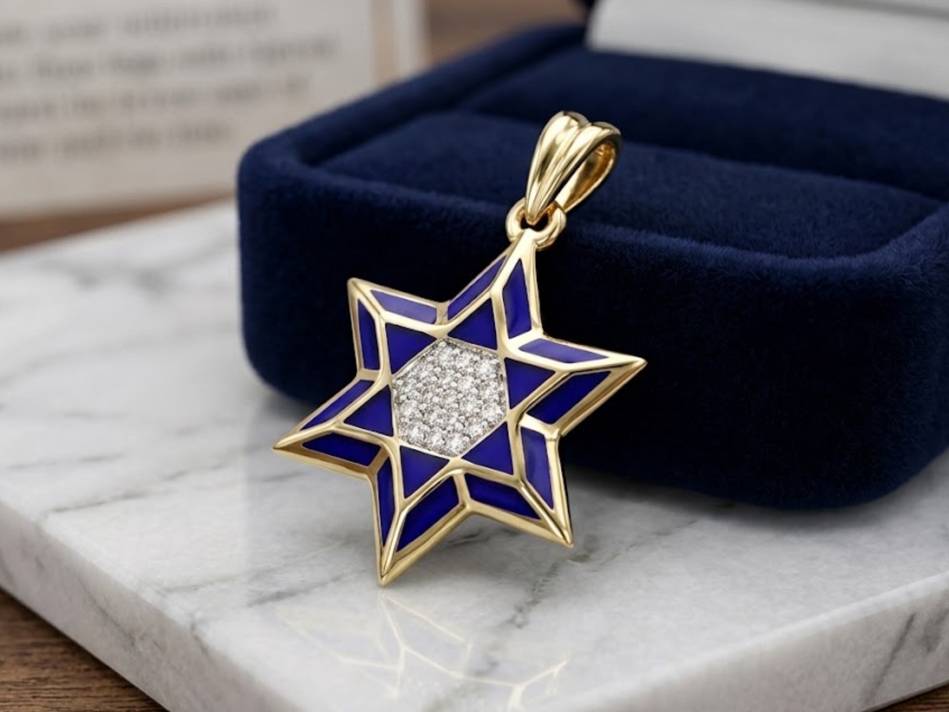 Star of David Pendant - 14K Gold Blue Enamel Diamond Embedded