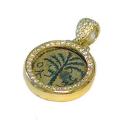 14k Gold Bar Kokhba Coin Diamond Round Pendant