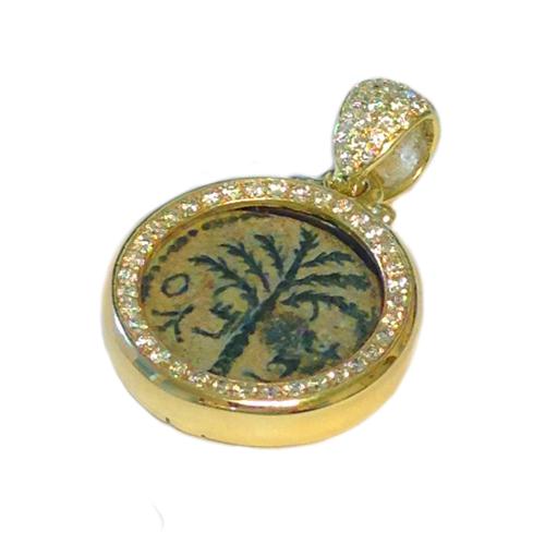 14k Gold Bar Kokhba Coin Diamond Round Pendant