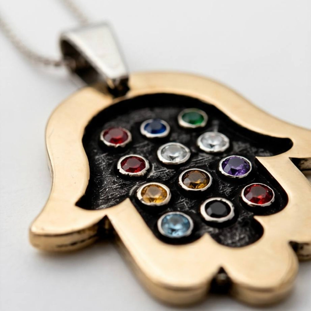 Hamsa Necklace with Hoshen Gemstones in Silver and 9K Gold