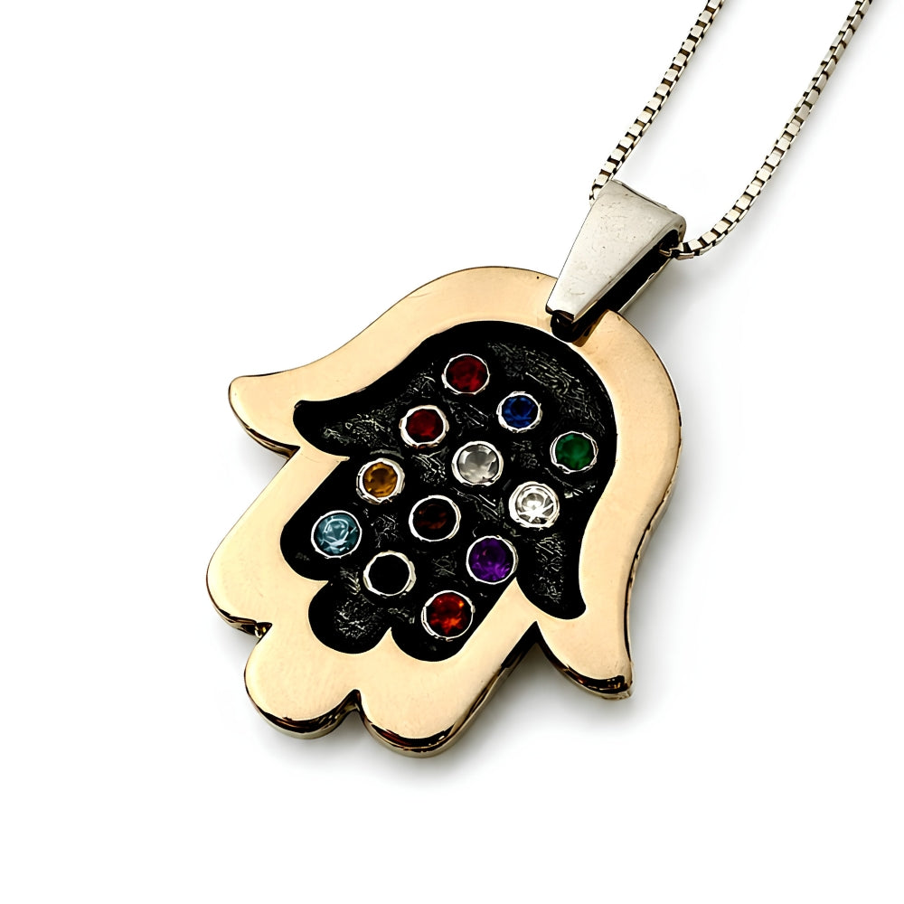 Hamsa Necklace with Hoshen Gemstones in Silver and 9K Gold