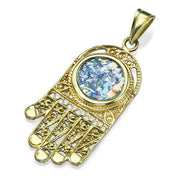 14K Yellow Gold and Roman Glass Filigree Hamsa Pendant