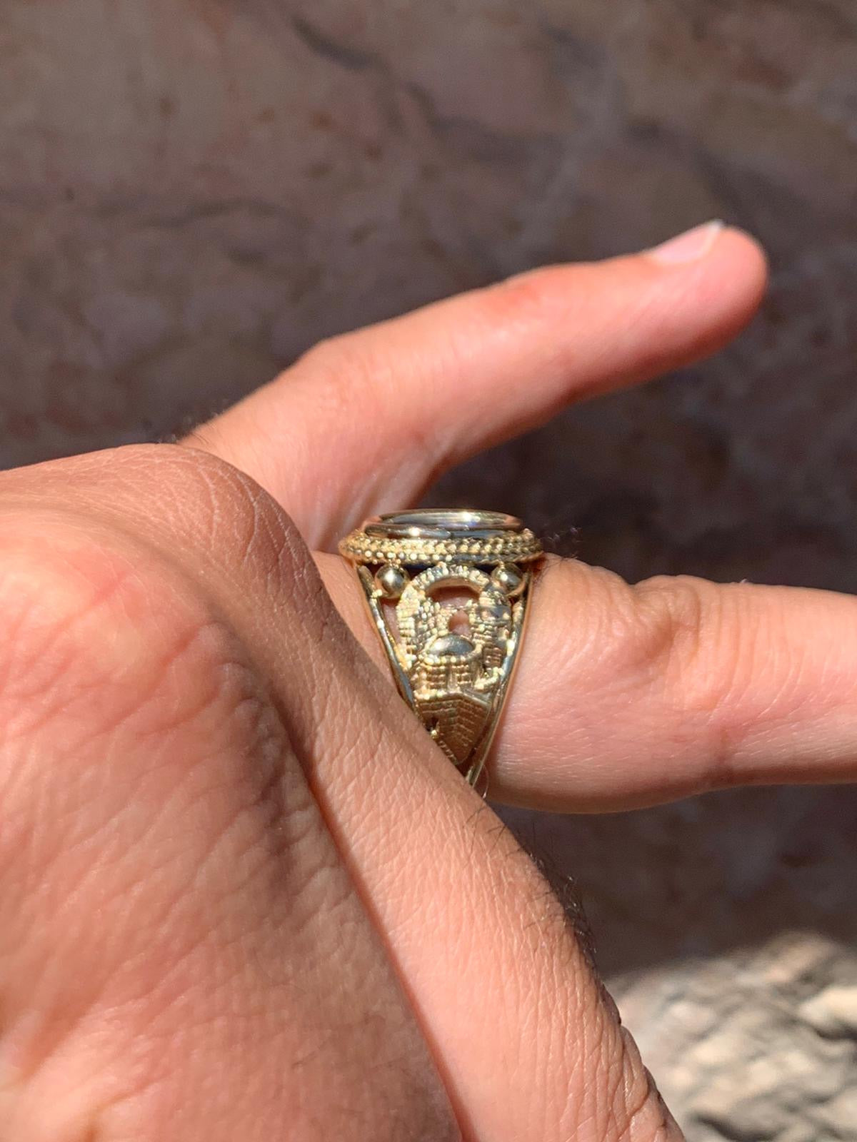 Roman Glass Jerusalem 3D Cutout Signet Ring 14k Yellow Gold