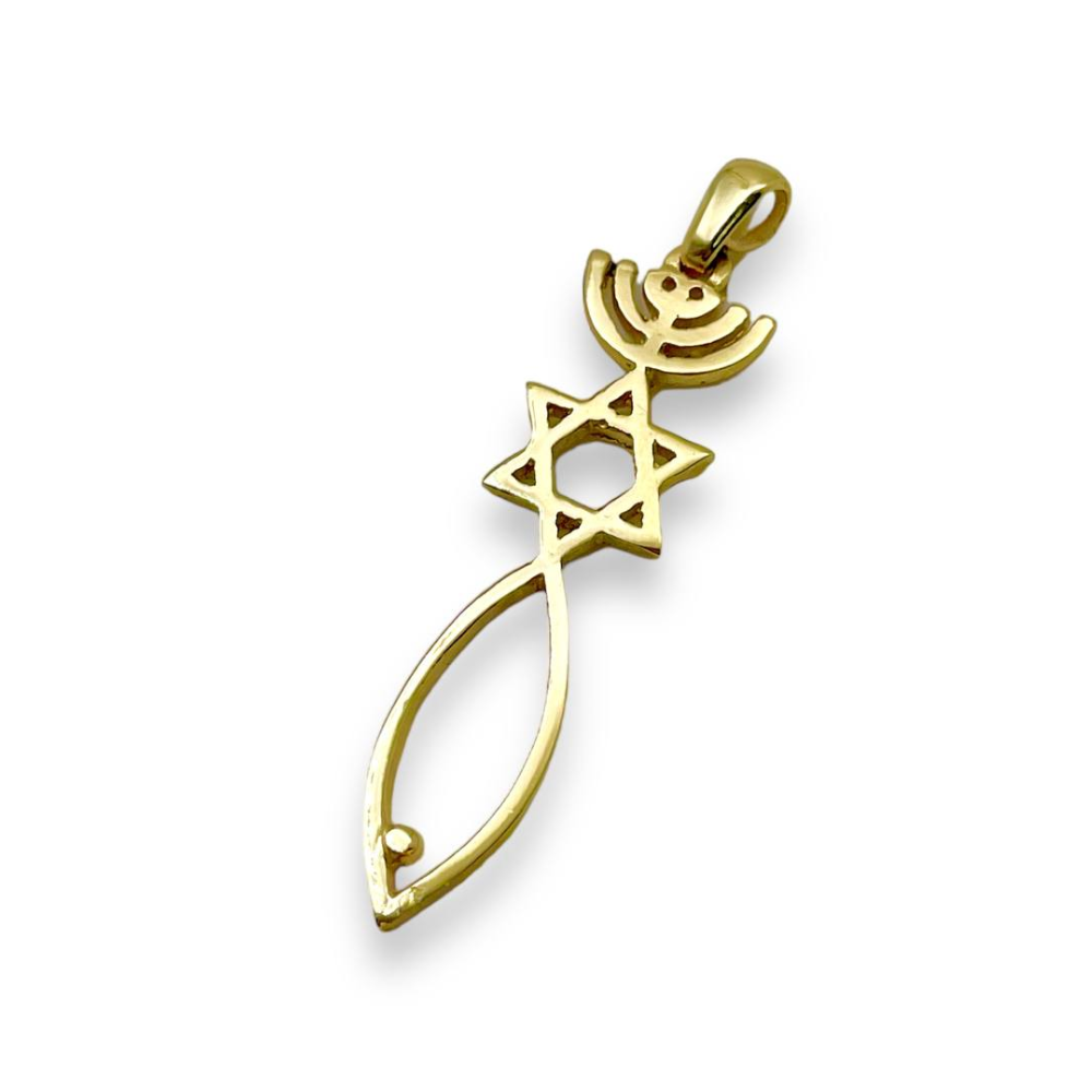 Menorah, Star of David, and Fish 14K Gold Pendant - Large