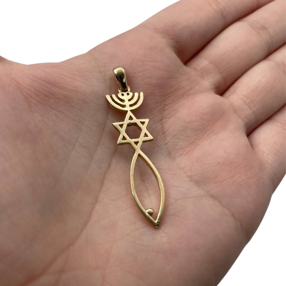 Menorah, Star of David, and Fish 14K Gold Pendant - Large