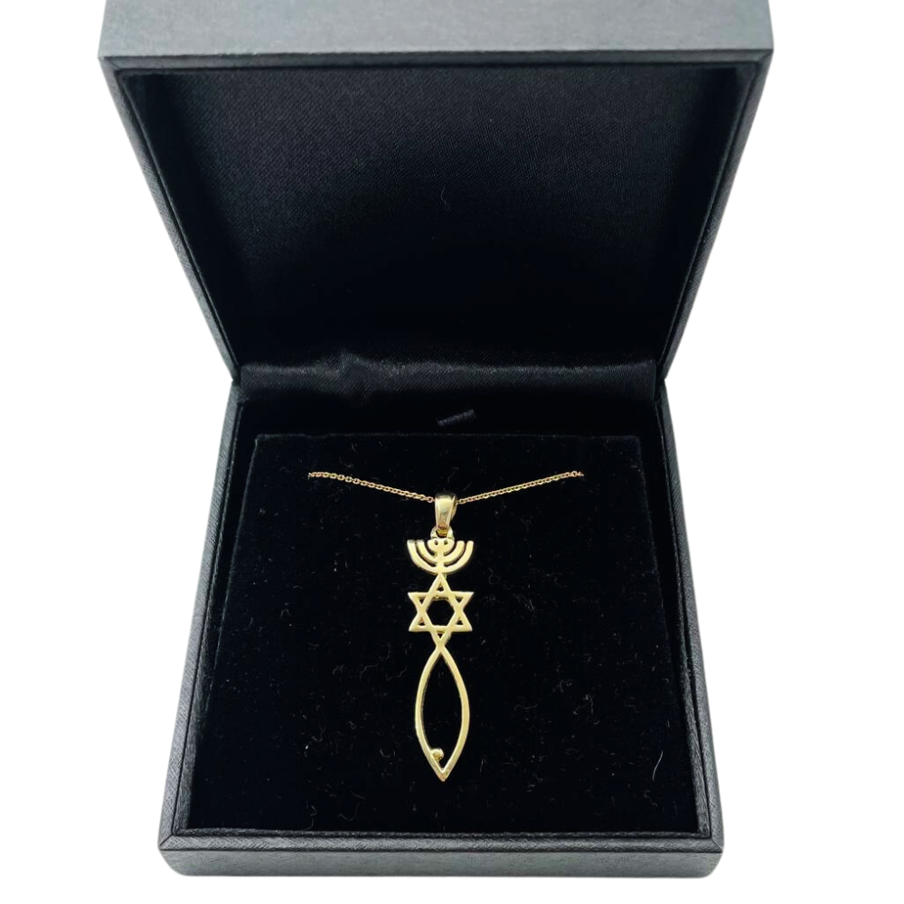 Menorah, Star of David, and Fish 14K Gold Pendant - Large