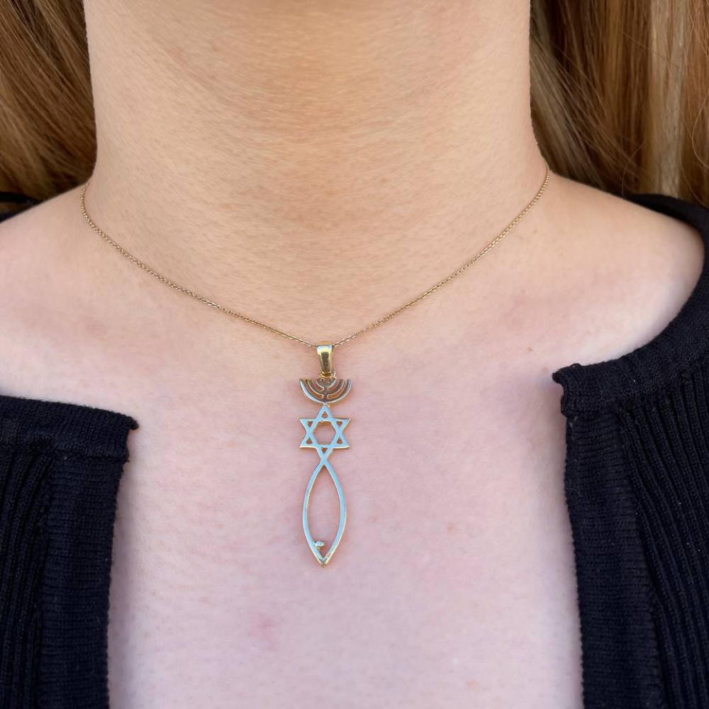 Menorah, Star of David, and Fish 14K Gold Pendant - Large