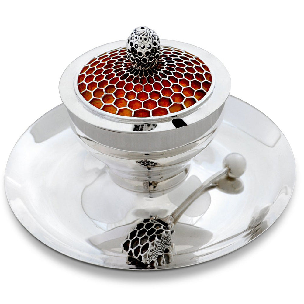 Sterling Silver Honeycomb Honey Dish and Plate Set