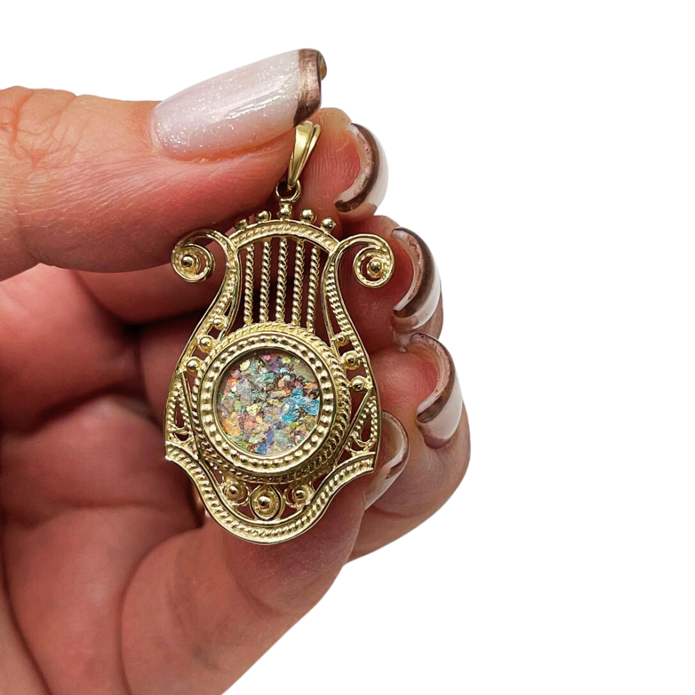 14k Gold Roman Glass Harp of David Pendant