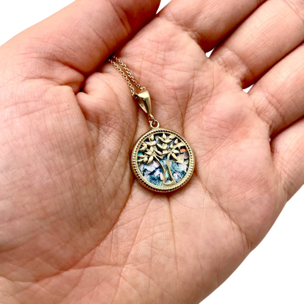 Tree of Life Roman Glass Pendant in 14K Gold - 19mm Dia