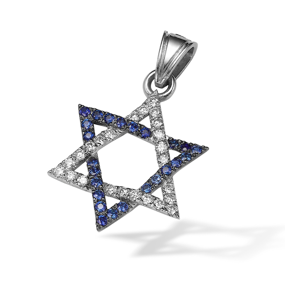 Star of David Pendant with Diamonds and Sapphires in 14K White Gold