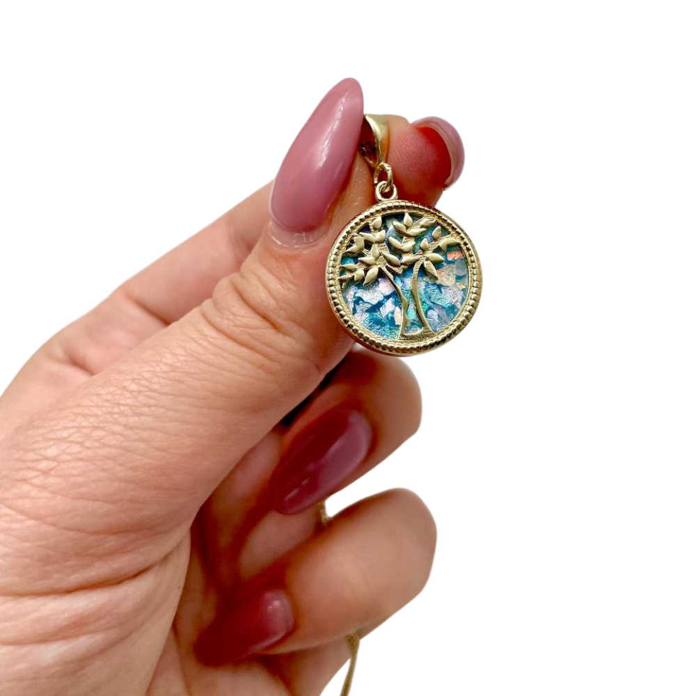 Tree of Life Roman Glass Pendant in 14K Gold - 19mm Dia