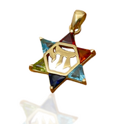 14k Gold Star of David Chai Multicolored Stone Pendant