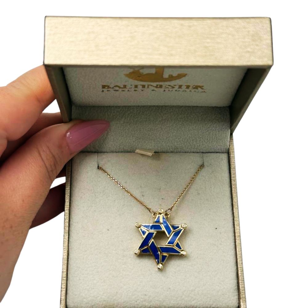 14K Gold Expandable Star of David Butterfly Necklace with Blue Enamel & Diamond