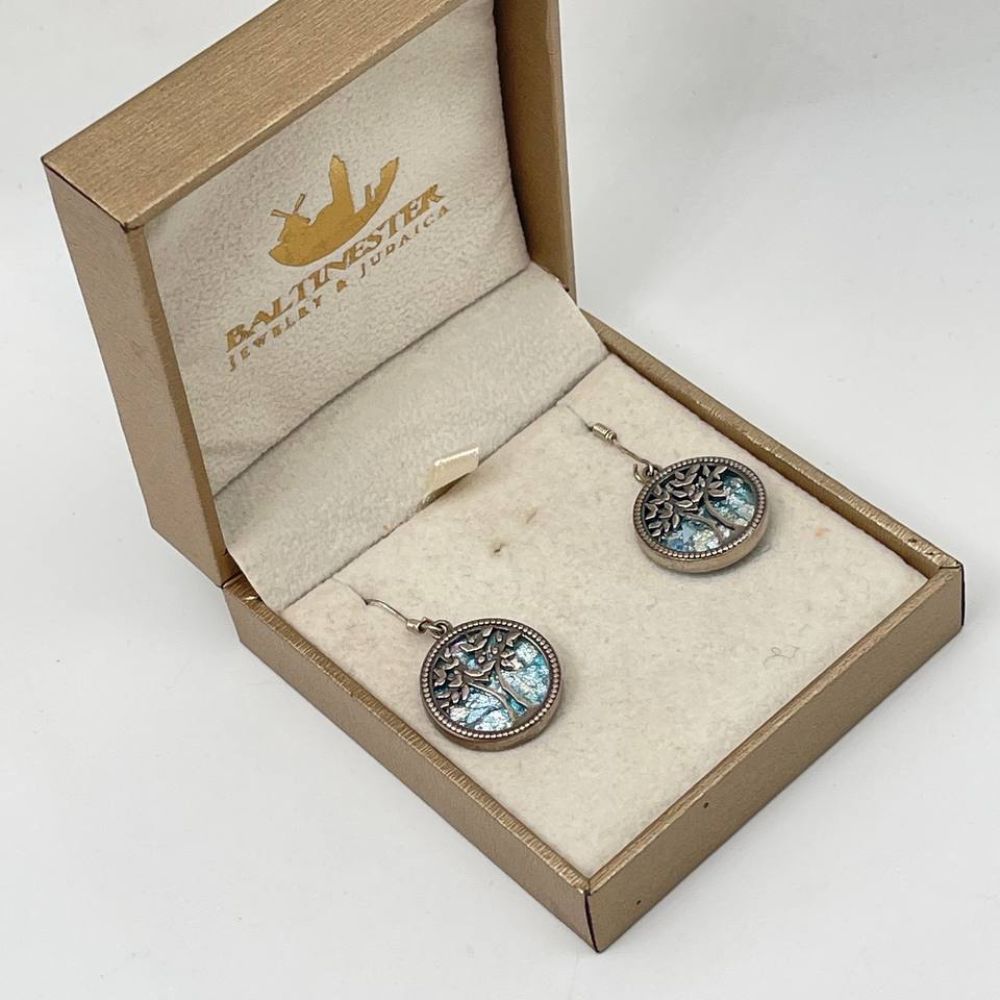 Tree of Life Earrings with Roman Glass in Sterling Silver