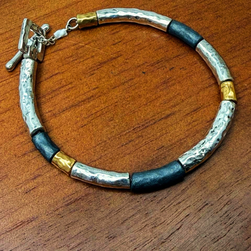Lightweight Israeli Silver Bracelet – Oxidized Silver & Gold Plated Hammered Jewelry