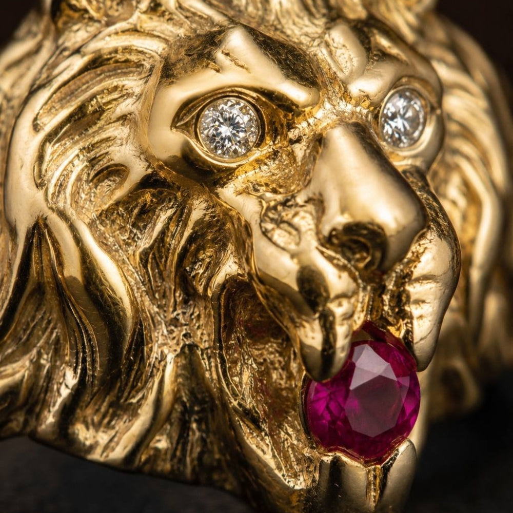 Diamond Lion of Judah Ruby Ring in 14k Yellow Gold