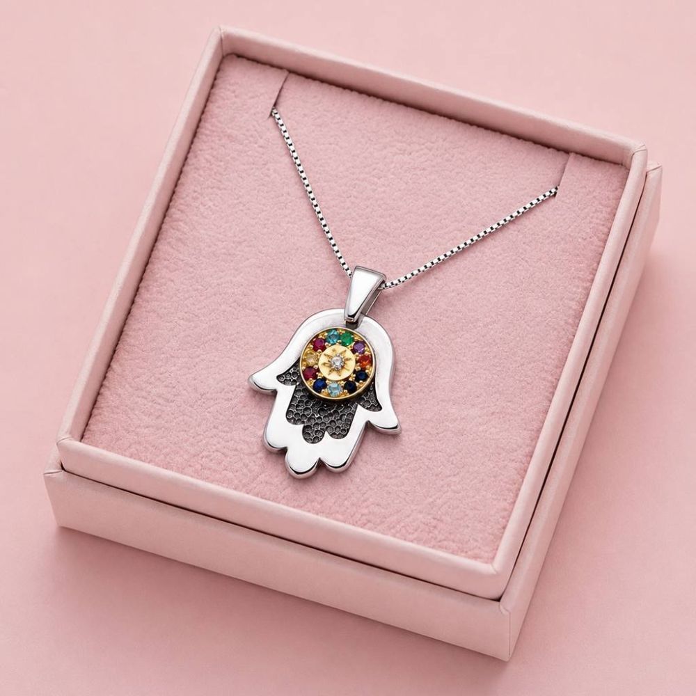 Sterling Silver & 9K Gold Hamsa Necklace with Round Hoshen Gemstones