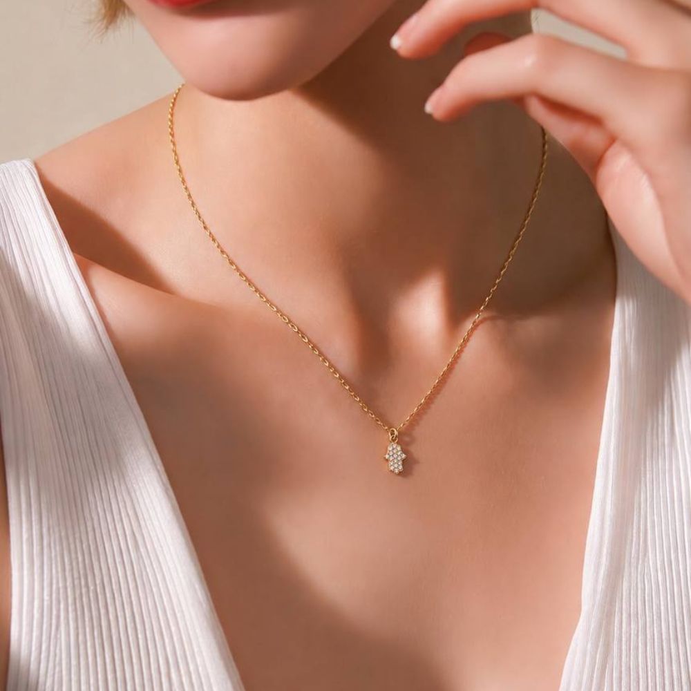 14K Yellow Gold Diamond Hamsa Hand Pendant Necklace