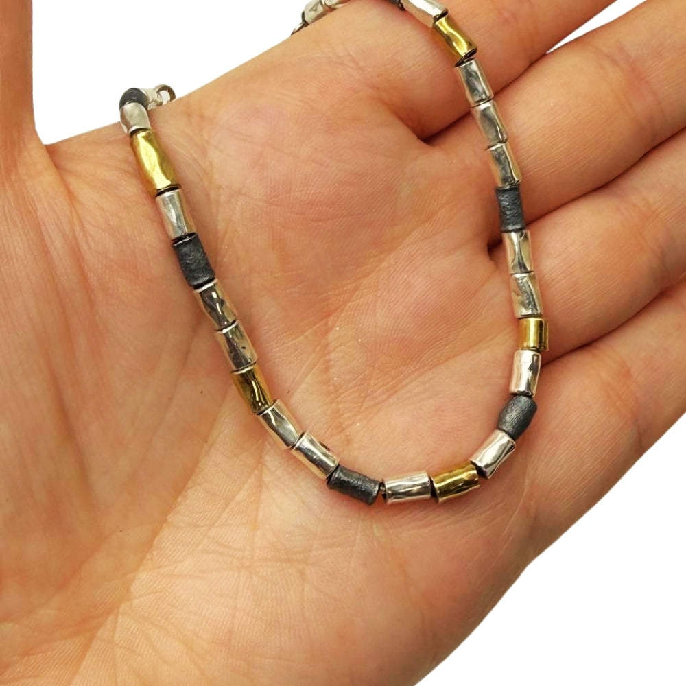 Handcrafted Mixed-Metal Israeli Beaded Bracelet – Sterling Silver, Oxidized Silver & Gold Plated Accent