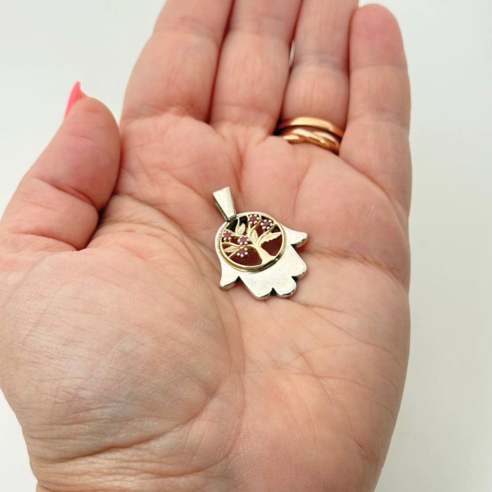 Sterling Silver & Gold Hamsa Tree of Life Pendant Necklace with Genuine Rubies
