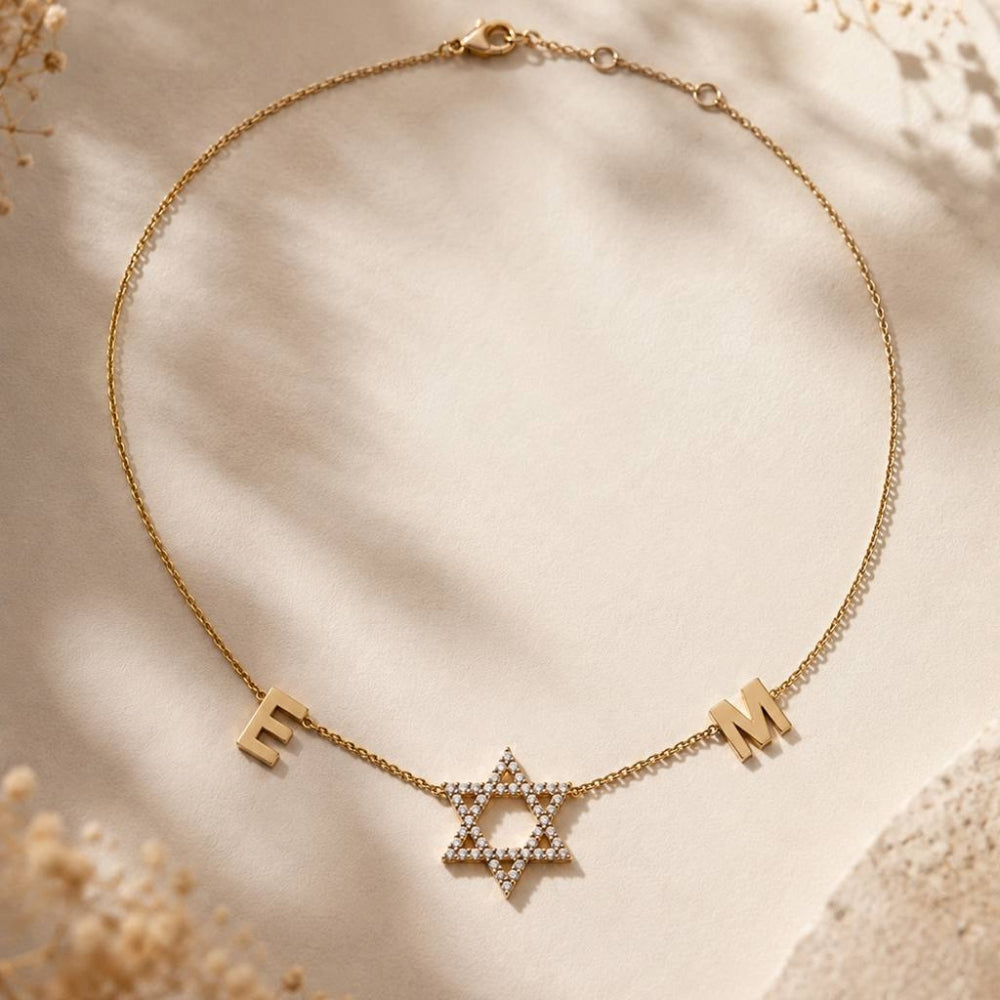 14K Gold Diamond Star of David Personalized Initials Necklace