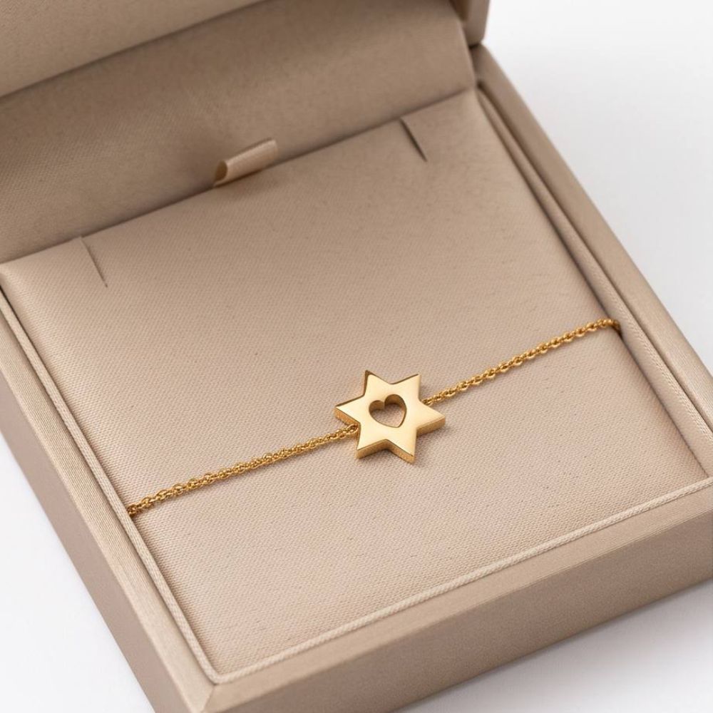 14K Yellow Gold Star of David Heart Bracelet