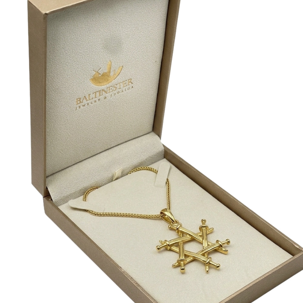 14K Solid Gold Iron Swords Star of David Pendant – Magen David Haravot Barzel Jewish Necklace