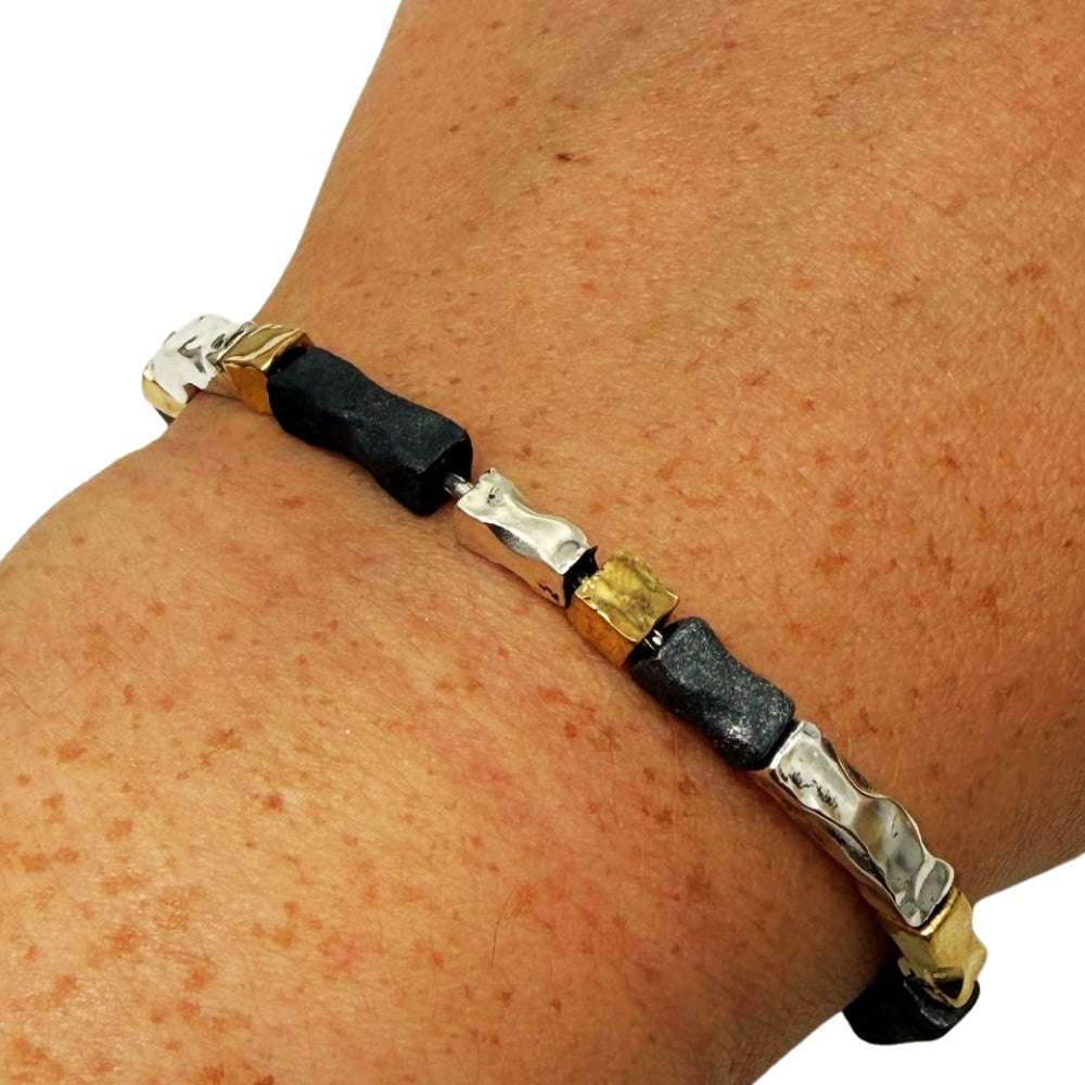 Handcrafted Israeli Mixed-Metal Bar Bracelet – Silver, Oxidized Silver & Gold Plated