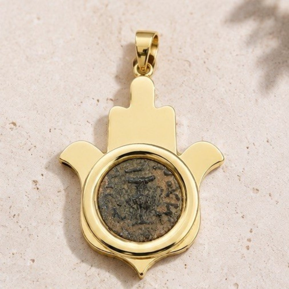 14k Gold Hamsa Pendant with Masada Coin
