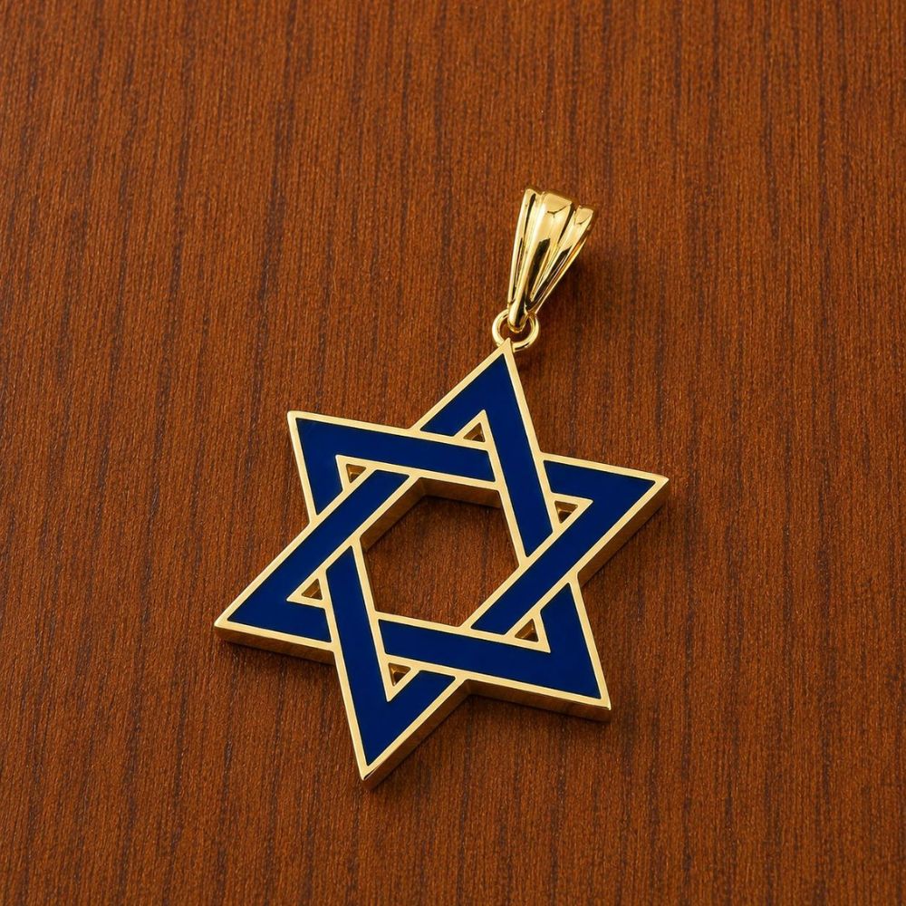 14K Gold Blue Enamel Star of David Pendant
