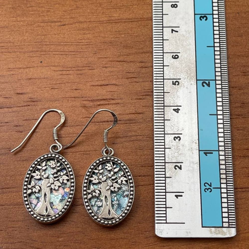 Oval Tree of Life Earrings with Roman Glass in Sterling Silver
