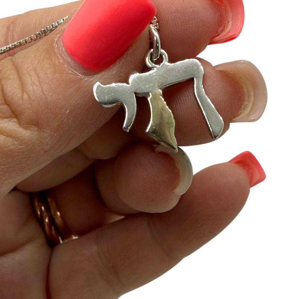 Sterling Silver & Gold Chai Pendant Necklace with Israel Map Accent