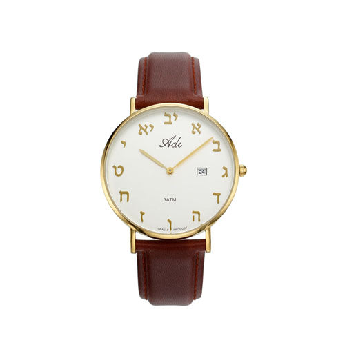 Gold Face Classic Aleph Bet Men Watch Date Brown Leather Strap