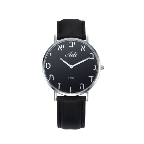 Black Dial 40 mm Aleph Bet Black Leather Strap Watch