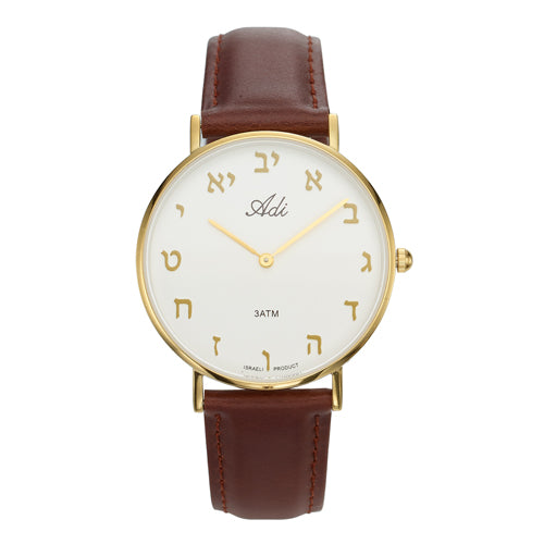 35 mm Classic Gold Letters White Dial Brown Leather Strap Watch