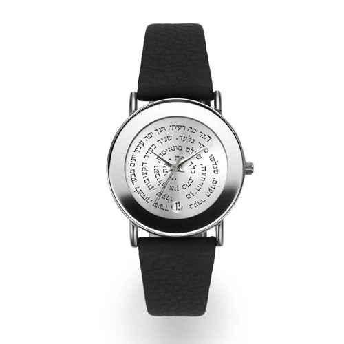 32 mm Jewish Verse Silver Dial Watch Black Leather Strap