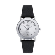 Date Silver Aleph Bet 32 mm Black Leather Strap Watch