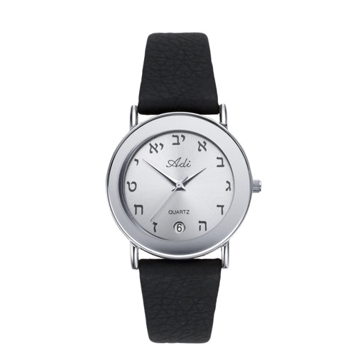 Date Silver Aleph Bet 32 mm Black Leather Strap Watch