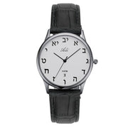 36 mm Aleph Bet Watch Black Strap Silver Dial Date