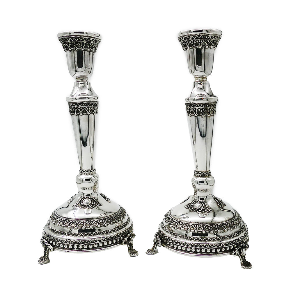 CANDLESTICKS - Tall Sterling Silver Elegant Filigree Candlesticks with Legs - Set of 2