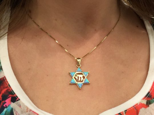 Opal Star of David Chai Pendant in 14k Gold