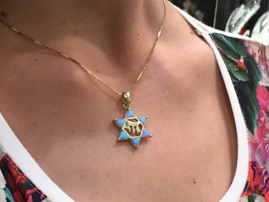 Opal Star of David Chai Pendant in 14k Gold