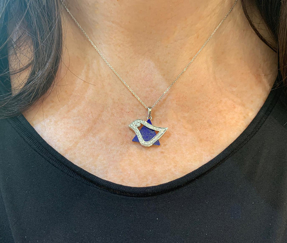 18k White Gold Diamond Lapis Lazuli Dove Star of David Pendant