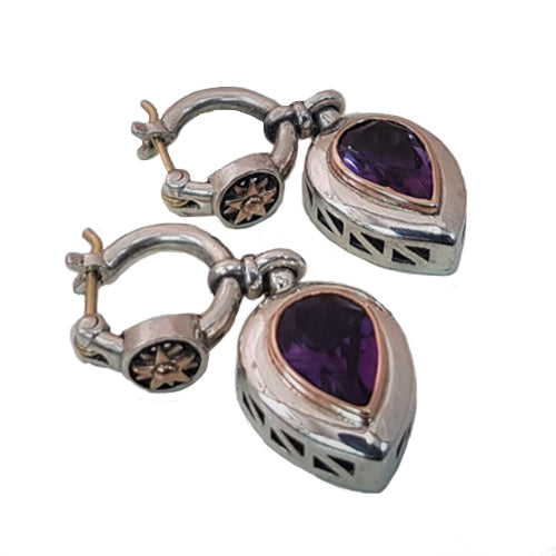 Dangle Earings With Silver, Gold, and Amethyst Gemstone