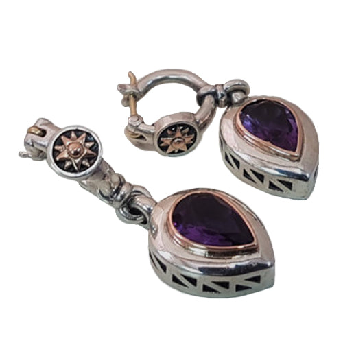 Dangle Earings With Silver, Gold, and Amethyst Gemstone